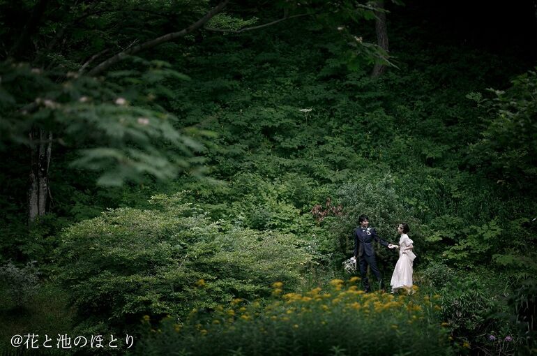 軽井沢の花と池のほとりで撮影するカップル